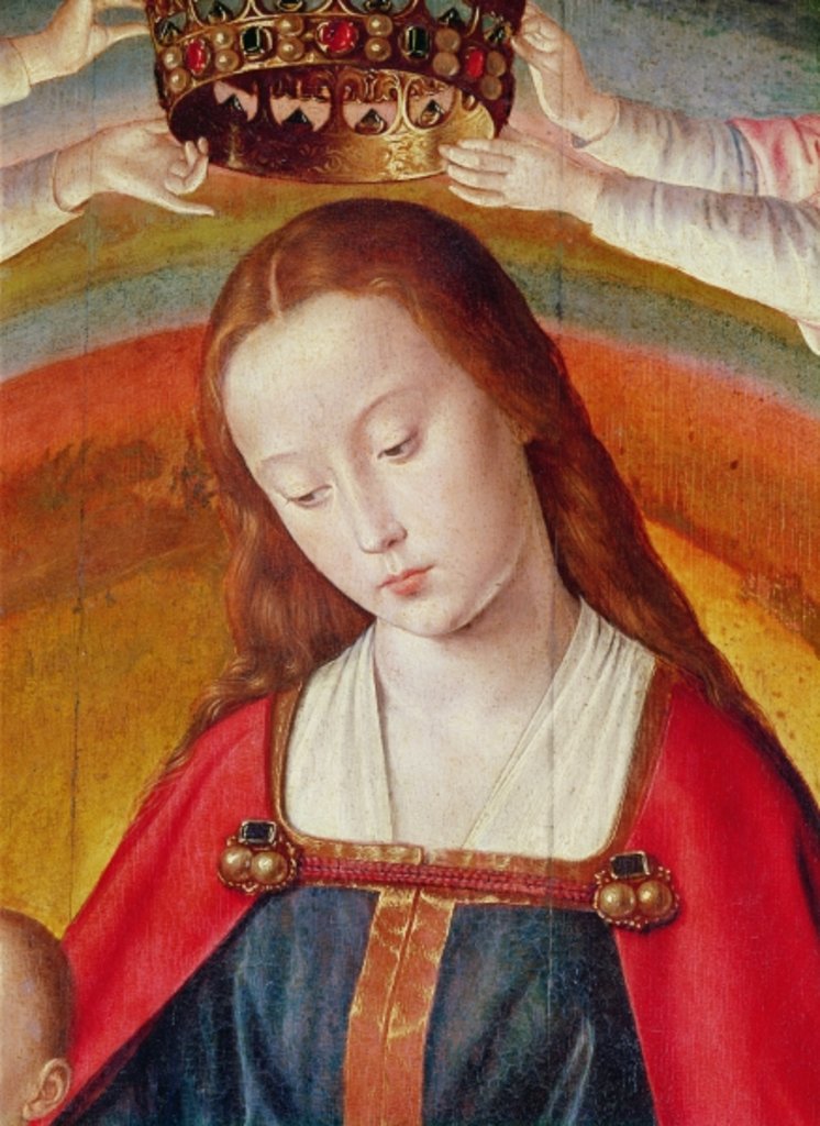 Detail of The Virgin Mary with her Crown, detail of the Coronation of the Virgin, centre panel from the Bourbon Altarpiece, c.1498 by (fl.c.1483-c.1529) Master of Moulins