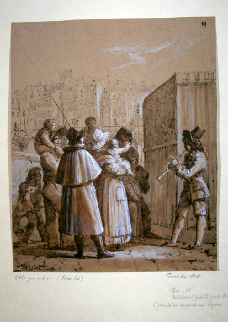 Detail of 1pectators watching a Pulcinella show near the Pont des Arts in Paris by Jean Henri Marlet