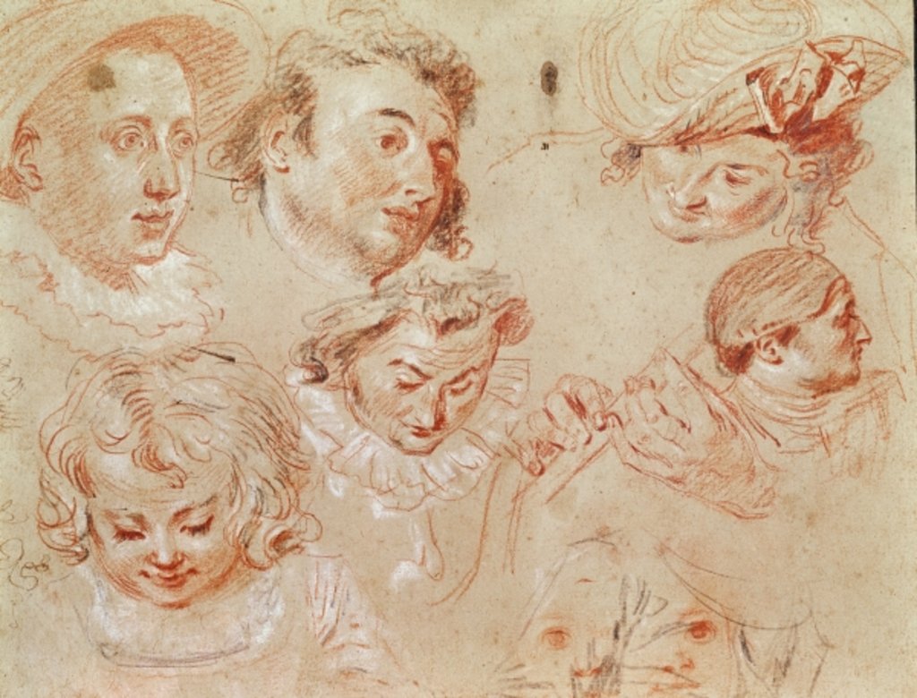 Detail of Six heads and two hands playing a musical instrument by Jean Antoine Watteau