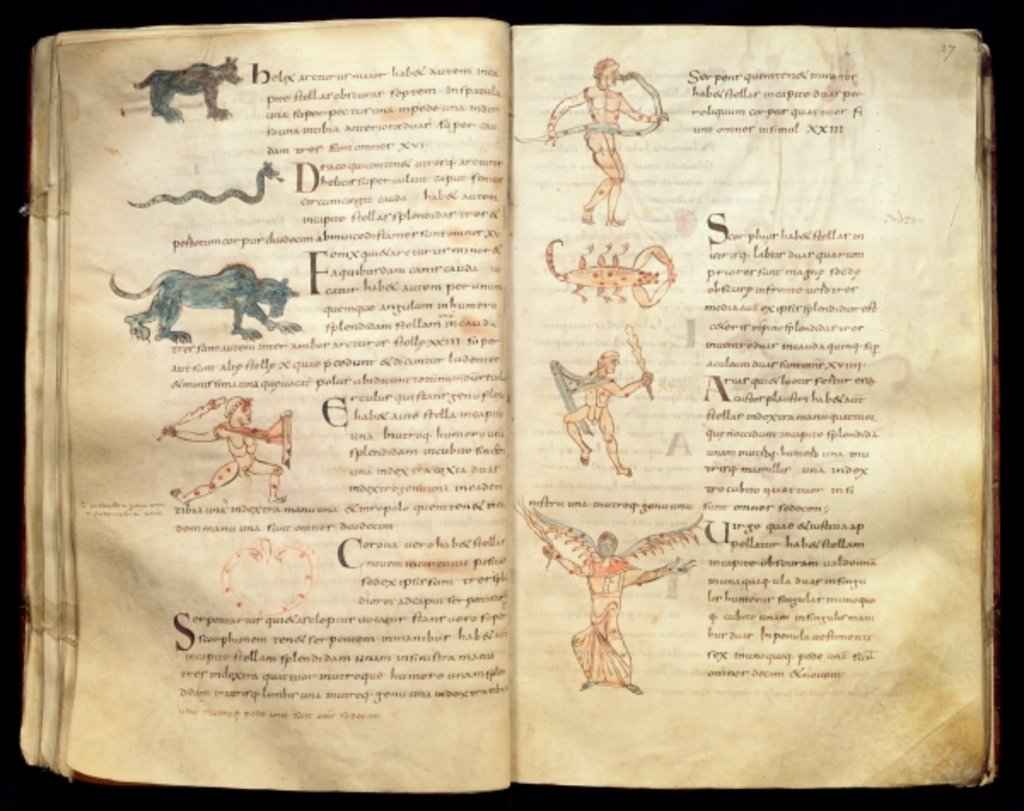 Detail of Ms 422 Fol.26v & 27r Path of the moon across the constellations by French School