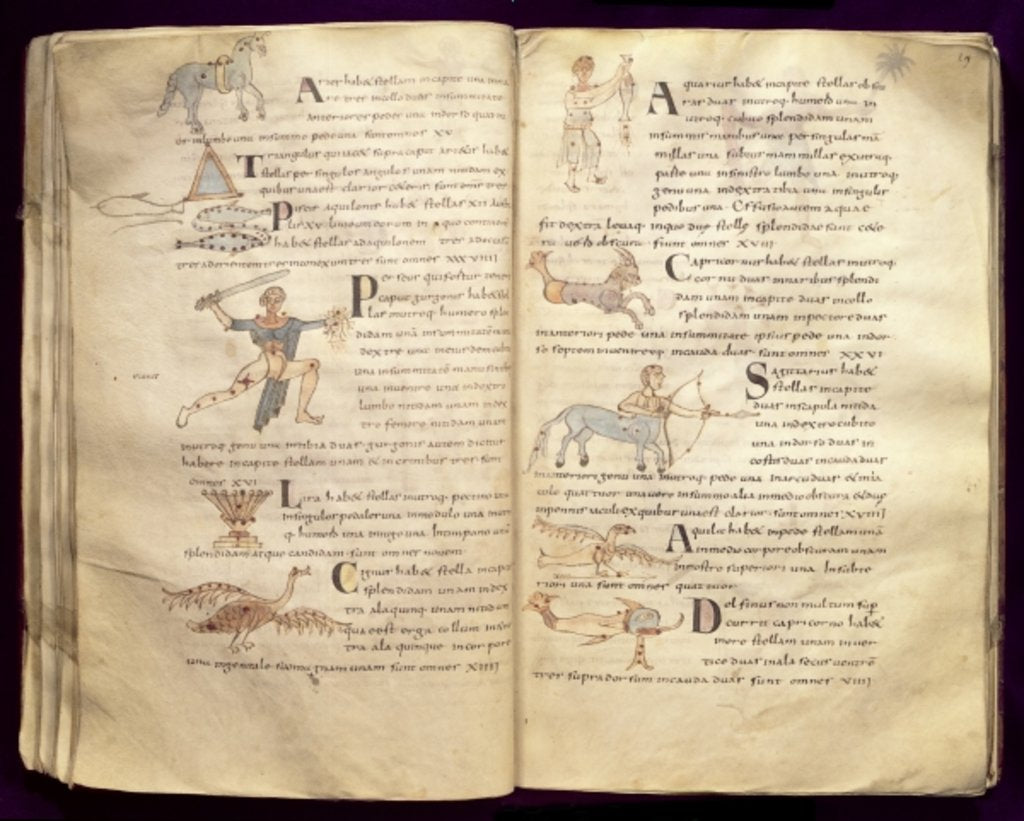 Detail of Ms 422 Fol.27v & 29v Path of the moon across the constellations by French School