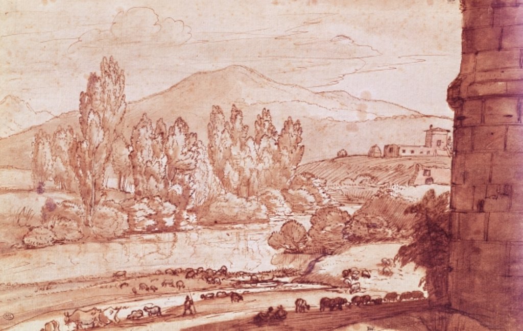 Detail of Landscape with a river, a herd of cattle and a herdsman by Claude Lorrain (1600-82)