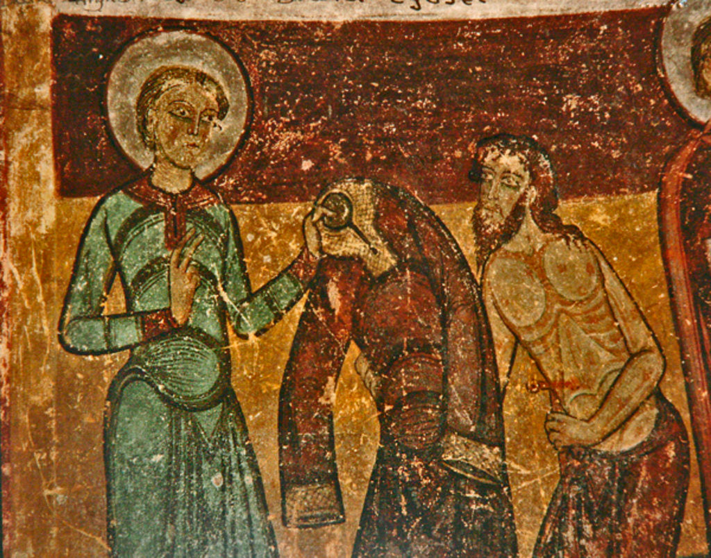 Detail of Saint Giles gives his cloak to the sick beggar, 12th century by French School