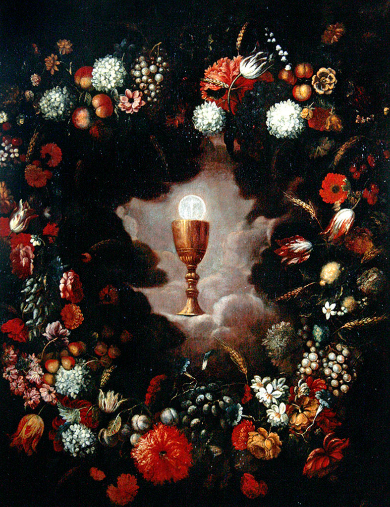 Detail of Chalice surrounded by flowers and fruits by Bartolomeo Perez