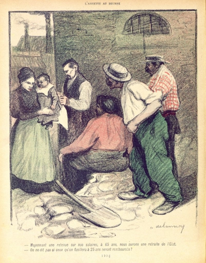 Detail of Group of workers discussing retirement at the age of 65 and tax deductions on salary to fund state pensions by Aristide Delannoy