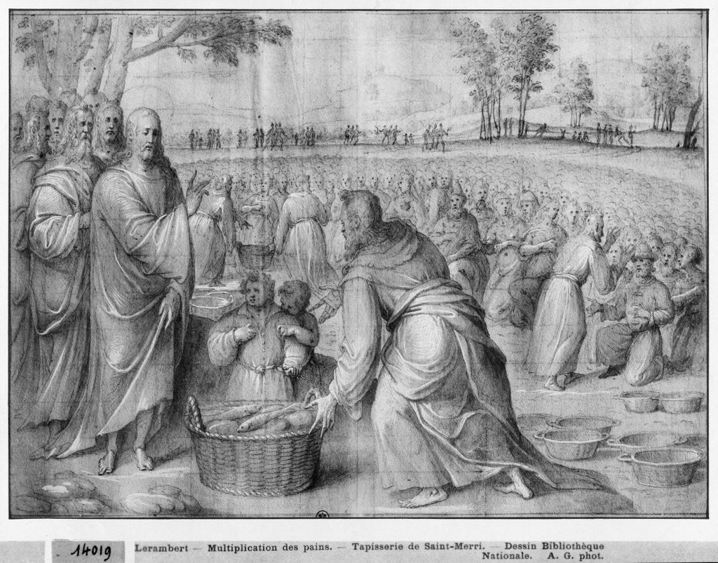 Detail of Life of Christ, Multiplication of the loaves and fishes, preparatory study of tapestry cartoon for the Church Saint-Merri in Paris, c.1585-90 by Henri Lerambert
