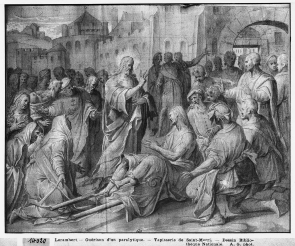 Detail of Life of Christ, Jesus healing a paralytic at Capernaum, preparatory study of tapestry cartoon for the Church Saint-Merri in Paris, c.1585-90 by Henri Lerambert
