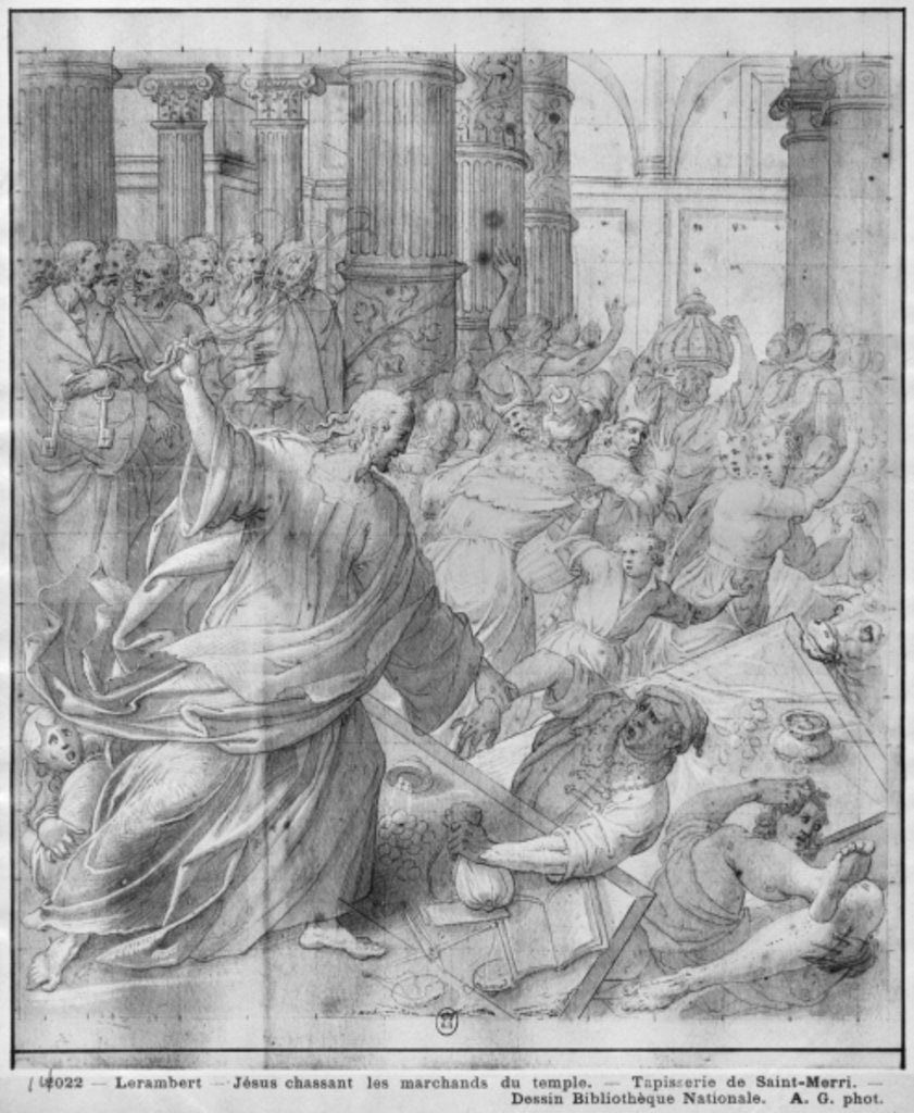 Detail of Life of Christ, Jesus chasing the merchants from the Temple, preparatory study of tapestry cartoon for the Church Saint-Merri in Paris, c.1585-90 by Henri Lerambert