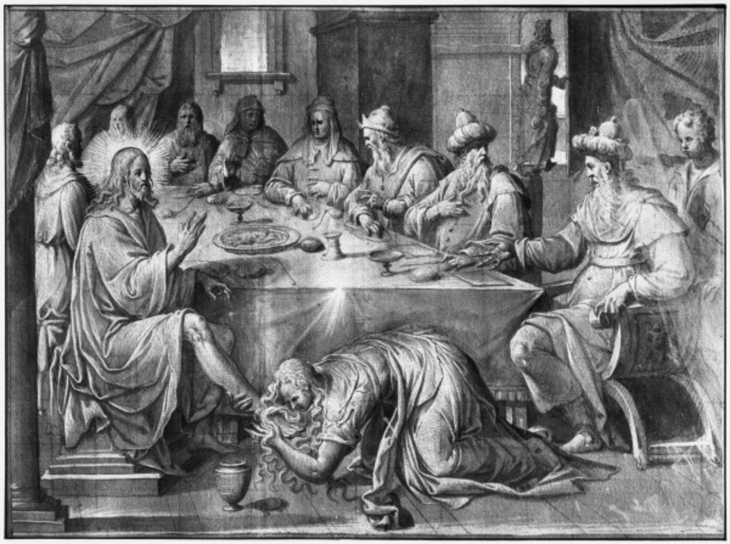 Detail of Life of Christ, the Meal at the House of Simon the Pharisee, preparatory study of tapestry cartoon for the Church Saint-Merri in Paris, c.1585-90 by Henri Lerambert
