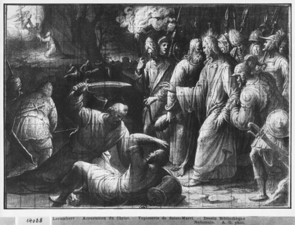 Detail of Life of Christ, the Arrest of Christ, preparatory study of tapestry cartoon for the Church Saint-Merri in Paris, c.1585-90 by Henri Lerambert