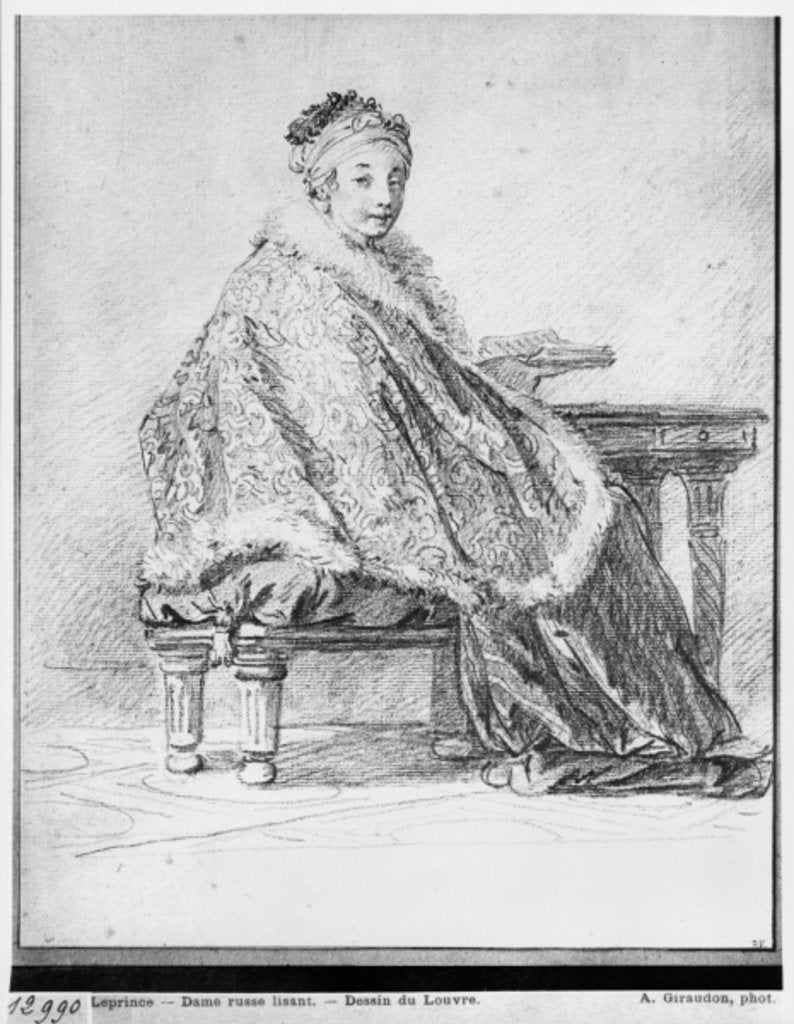 Detail of Russian woman at a table holding a book in her hand by Jean Baptiste Leprince