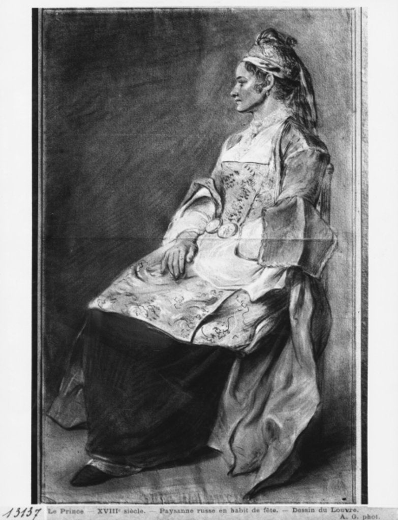 Detail of Russian girl farmer in traditional costume for feast days by Jean Baptiste Leprince