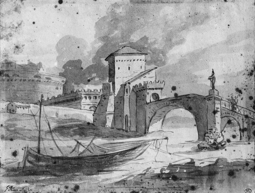 Detail of View of the Tiber near the bridge and the castle Sant'Angelo in Rome, c.1775-80 by Jacques Louis David