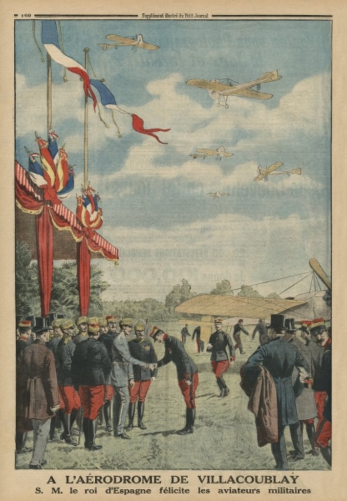 Detail of At Villacoublay aerodrome, H. M. Alfonso XIII, King of Spain congratulating the air force aviators by French School