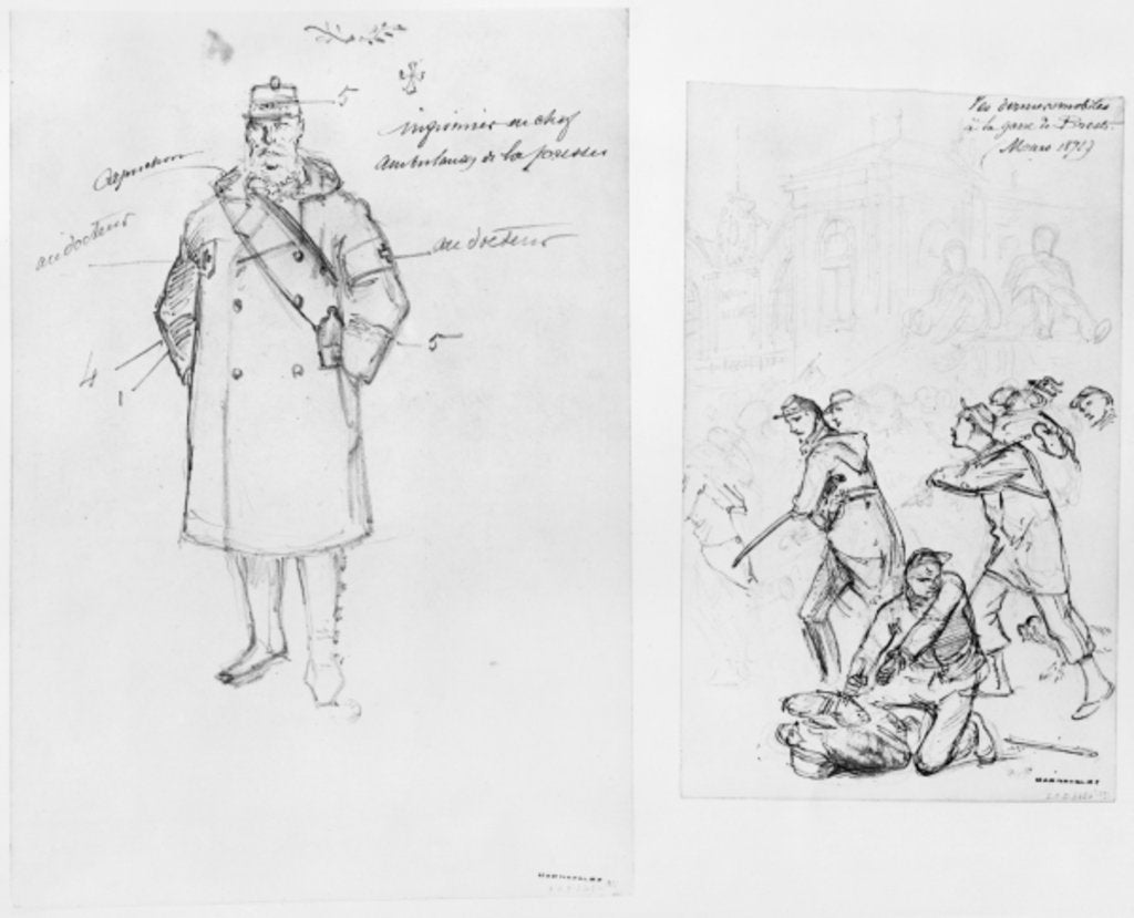 Detail of Album of the Siege of Paris, Ambulance man, the last troops at the station of Brest, 1871 by Gustave Dore