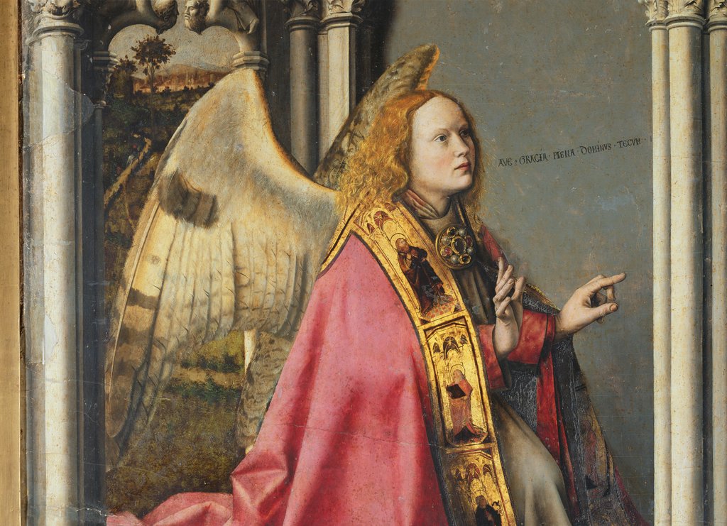 Detail of The Angel, Gabriel, making the Annunciation to the Virgin Mary, c.1445 by Master of the Aix Annunciation