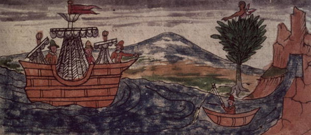 Detail of An Indian spy observes the arrival of a Spanish ship on the Mexican coast, 1579 by Diego Duran