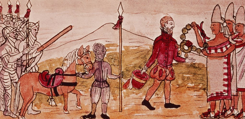 Detail of Fol.208v Meeting of Hernando Cortes and Montezuma, miniature from the 'History of the Indians' by Diego Duran, 1579 by Diego Duran