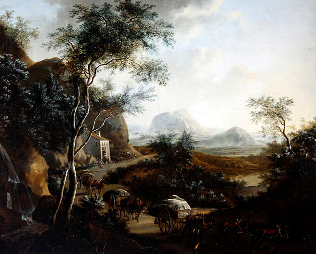Detail of Landscape with a convoy of horses and carts by Frederick de Moucheron