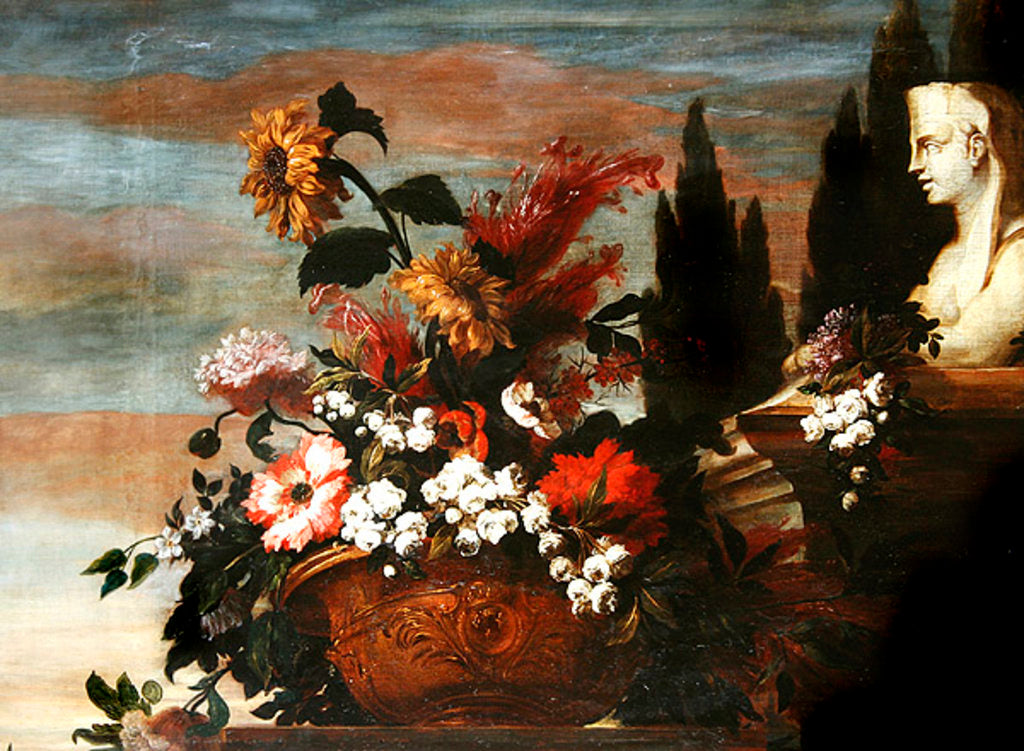 Detail of Flowers in a basin and a sphinx by Jean-Baptiste Belin de Fontenay