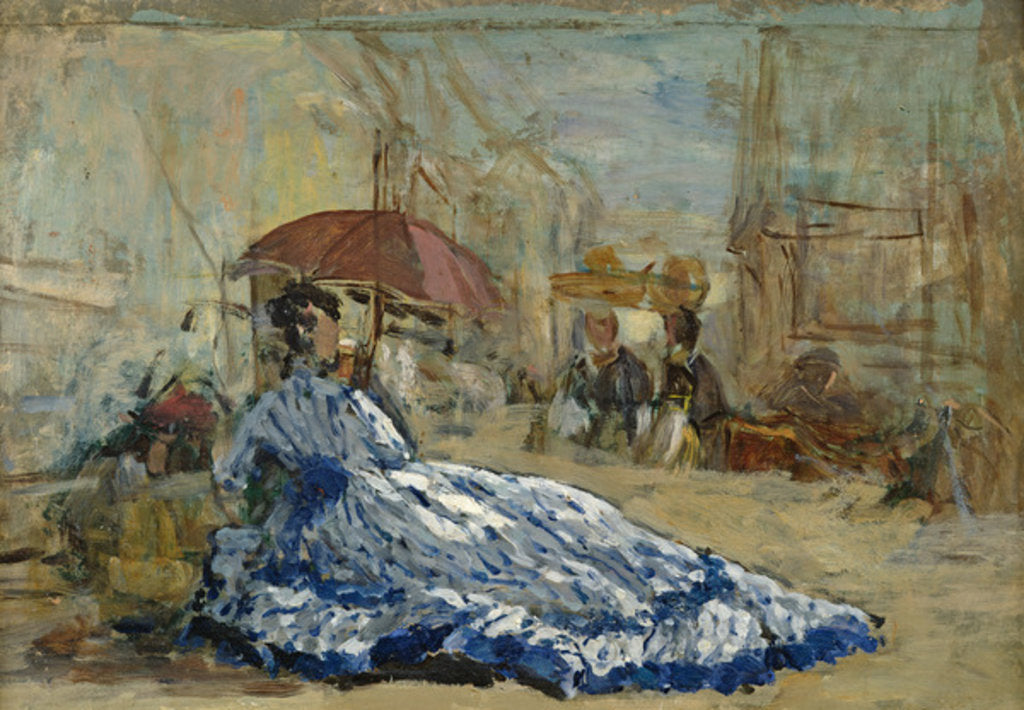 Detail of Woman in a blue dress under a parasol, c.1865 by Eugene Louis Boudin