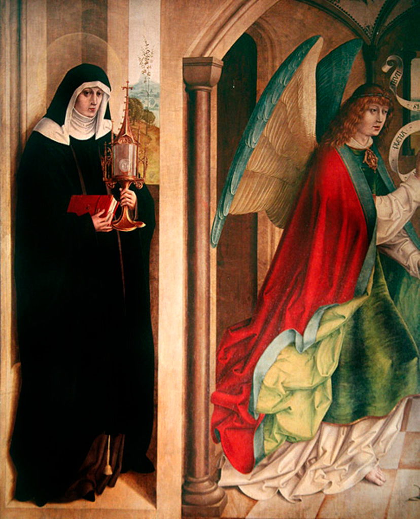 Detail of The Annunciation with St. Clare of Assisi, left panel of the retable when closed, 1480 by Master of the Carnation