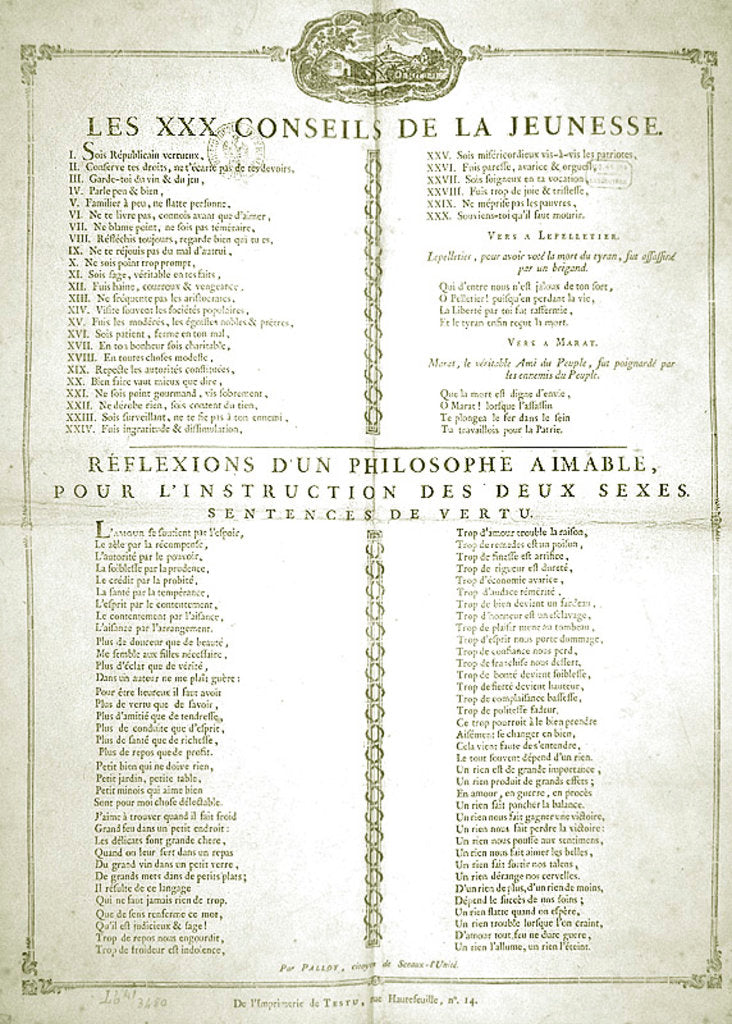 Detail of Thirty Pieces of Advice for the Young: Reflections of a philosopher for the instruction of both sexes, 1794 by Pierre Francois Palloy