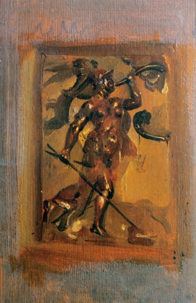 Detail of Man in armour blowing a horn by Ferdinand Victor Eugene Delacroix