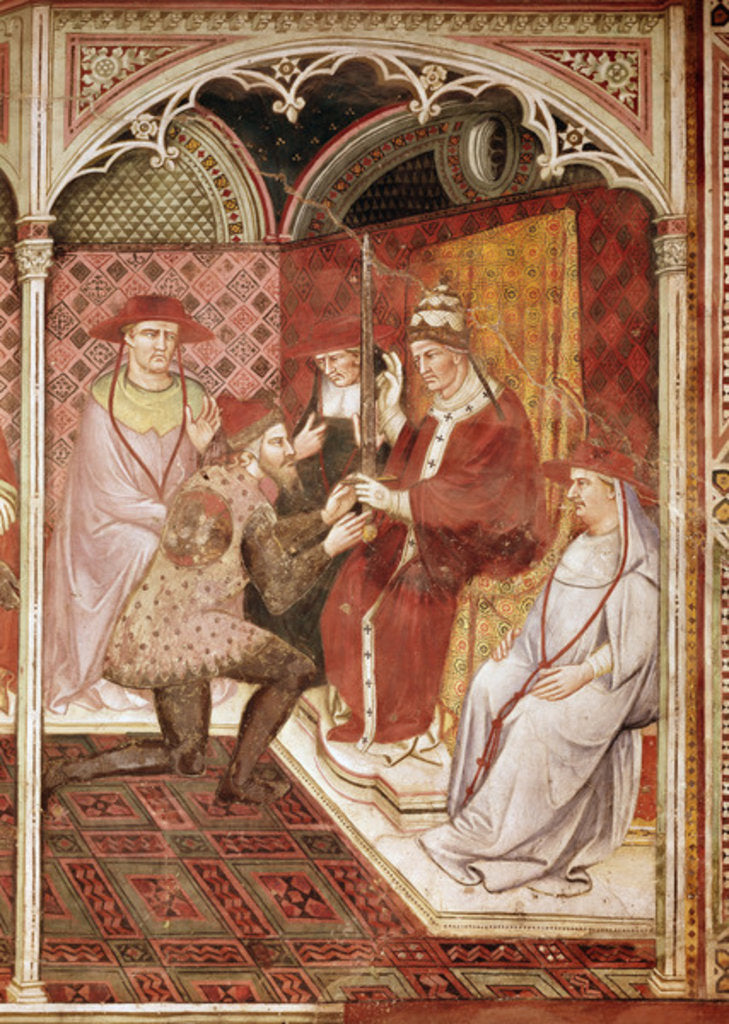 Detail of Story of Pope Alexander III, the Pope giving the sword to Doge Ziani, 1407 by Aretino Luca Spinello or Spinelli