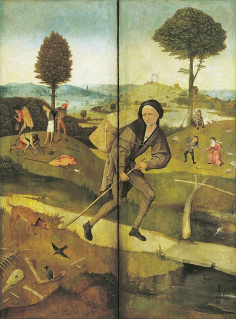 Detail of The Haywain, with panels closed showing Everyman walking the Path of Life by Hieronymus Bosch
