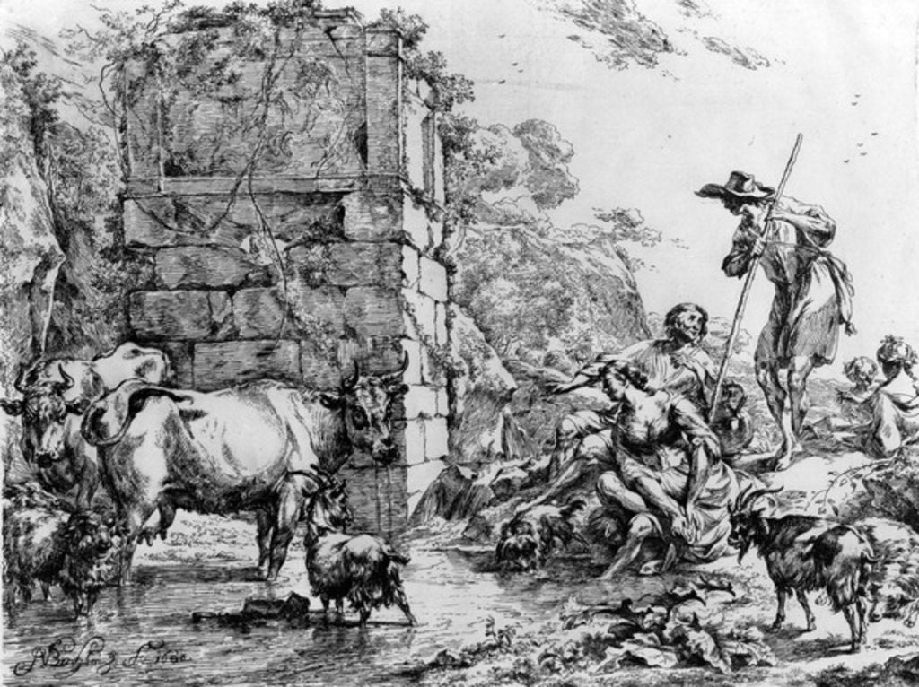 Detail of Cows and goats drinking at a pond by Nicolaes Pietersz. Berchem