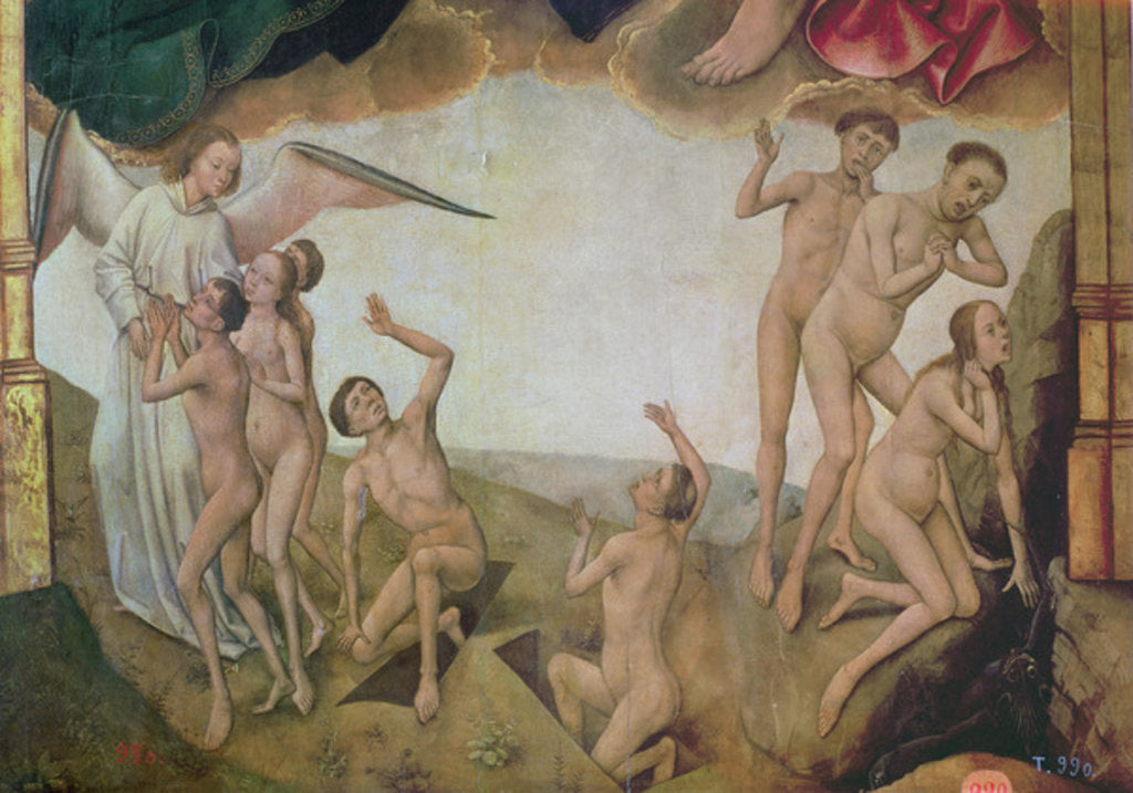 Detail of An angel welcomes the blessed into heaven while on the right the damned are being dragged down by devils to hell by Vrancke van der Stockt