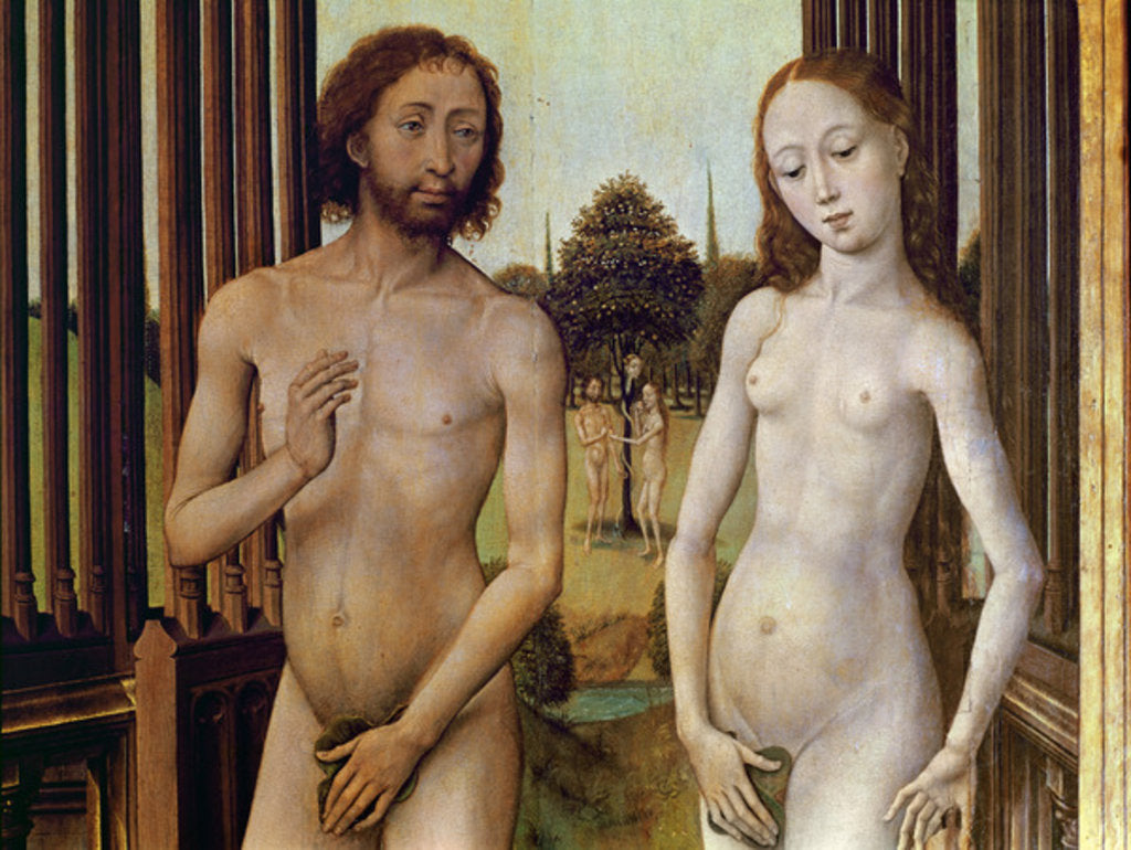 Detail of Adam and Eve expelled from the Garden of Eden after being tempted by the serpent to eat the apple, c.1460 by Vrancke van der Stockt