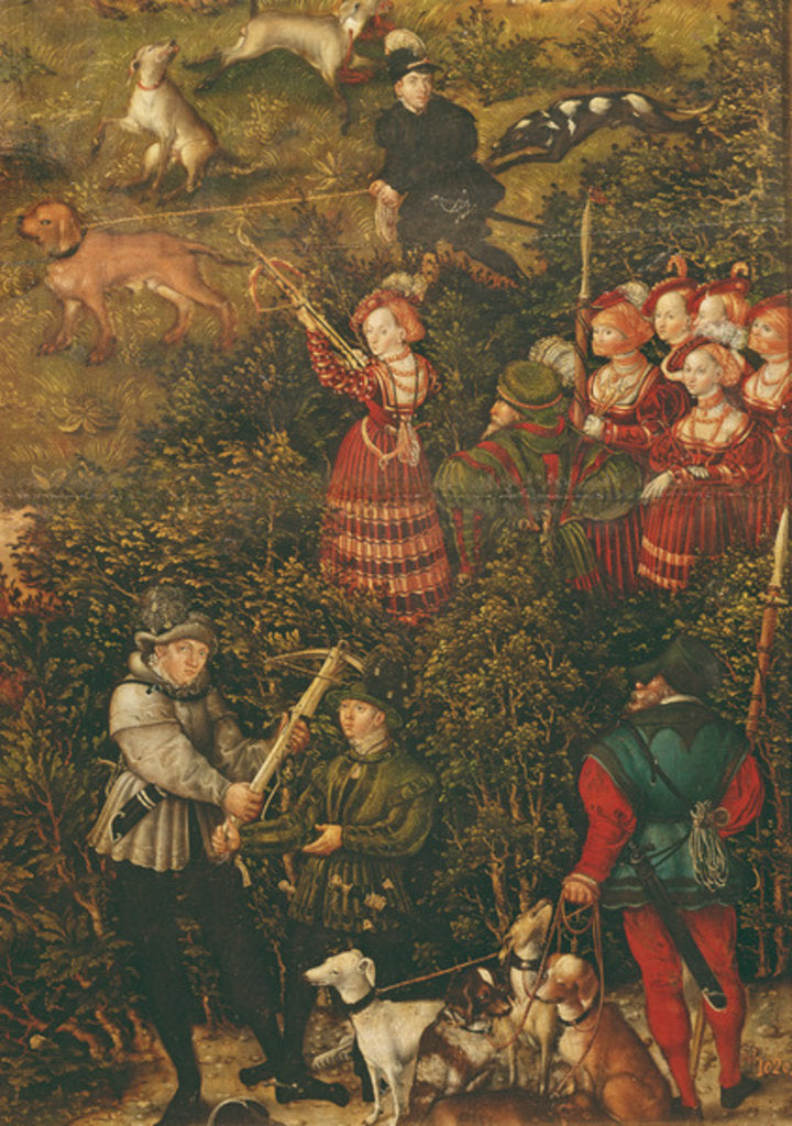 Detail of The Electress Sybille of Saxony preparing to shoot with her crossbow at the Hunt in Honour of Emperor Charles V near Hartenfels Castle, Torgau, 1544 by Lucas the Elder Cranach