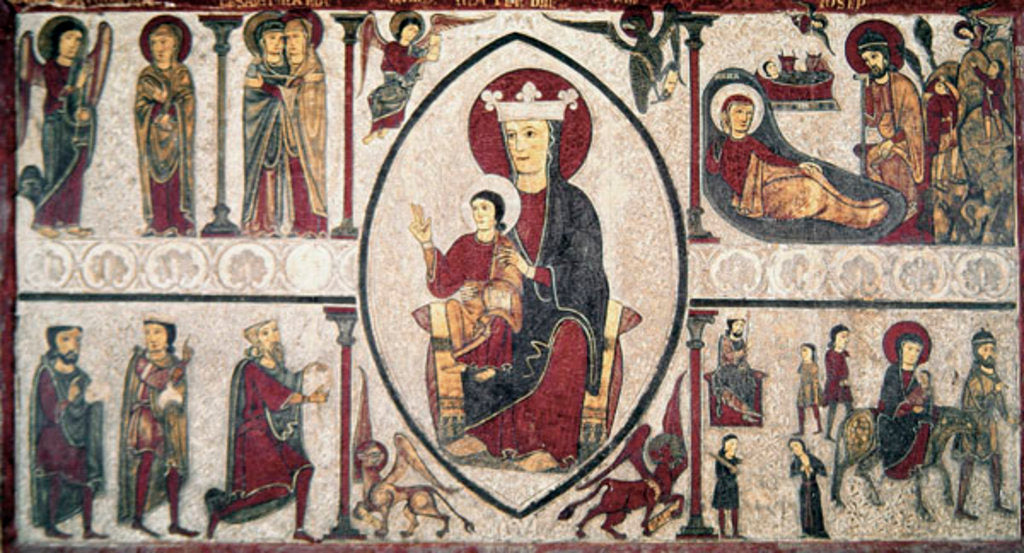 Detail of Altar Frontal from the Church of Santa Maria de Cardet, Vall de Boi, Spain, depicting the Madonna and four scenes from her life, 1150-1200 by Ribagorça Workshop Johannes Pintor