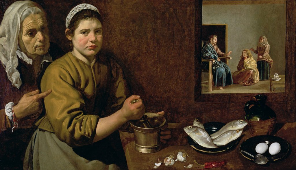 Detail of Kitchen Scene with Christ in the House of Martha and Mary, c.1618 by Diego Rodriguez de Silva y Velazquez