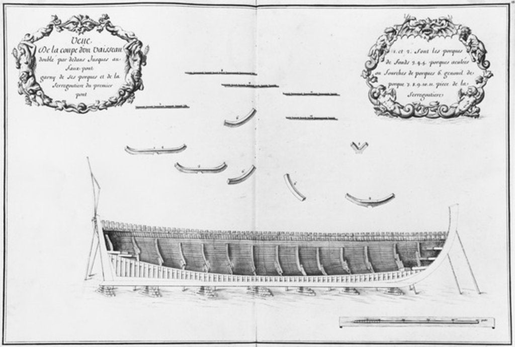Detail of ross-section of a vessel lined inside up to the false deck by French School