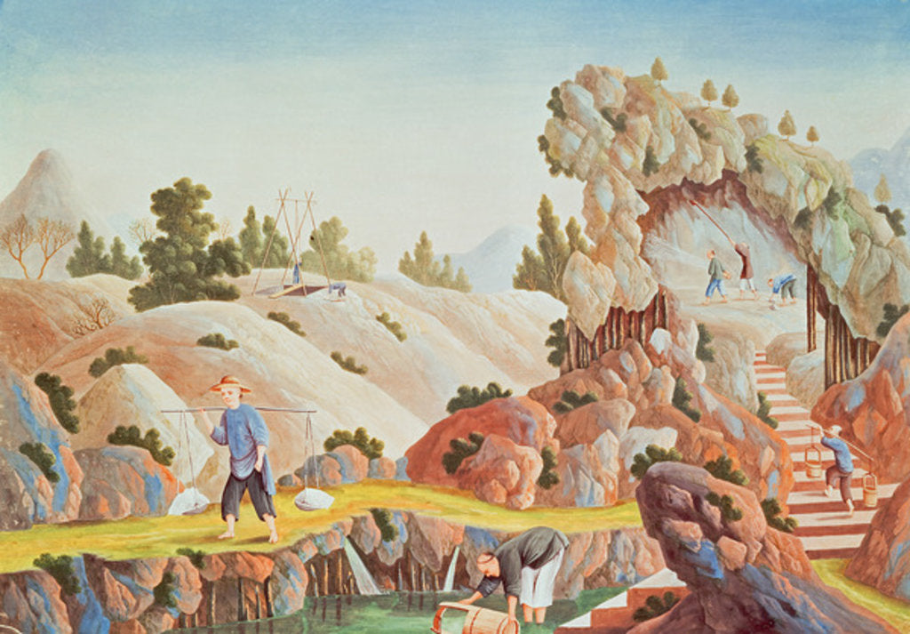 Detail of Peasants quarrying and collecting kaolin for a porcelain factory by School Chinese
