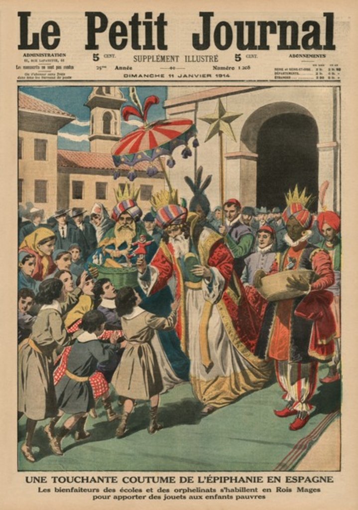 Detail of A touching Epiphany custom in Spain, the benefactors of schools and orphanages dressed up as Magi giving toys to poor children by French School