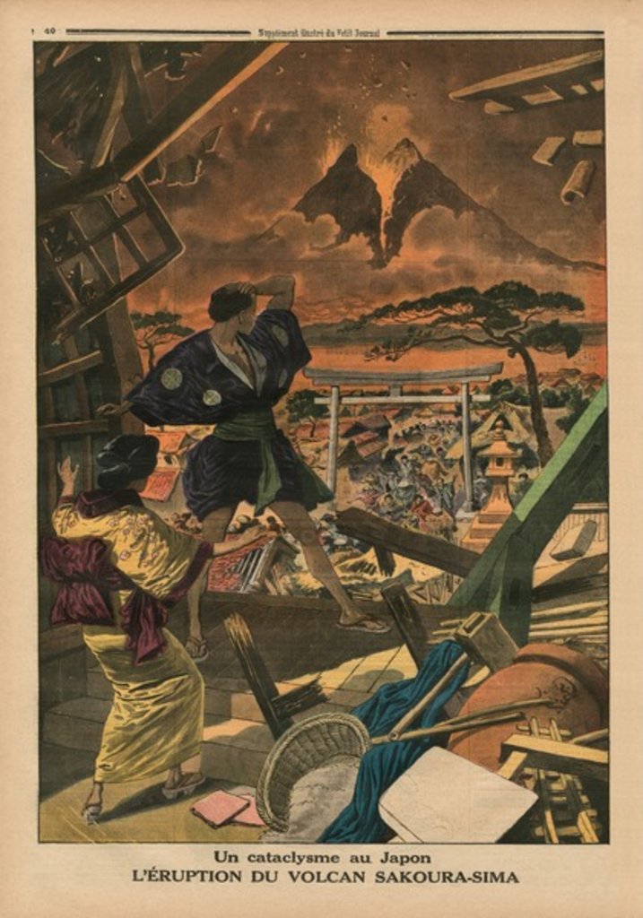 Detail of A cataclysm in Japan, Eruption of the Sakura-jima volcano by French School