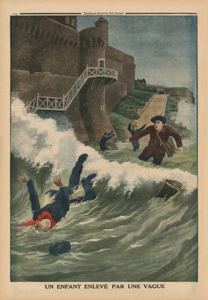Detail of A child taken away by a wave, Saint-Malo by French School
