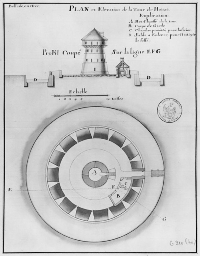 Detail of Belle Isle en Mer, plan and elevation of the tower of Houat, 1745 by French School