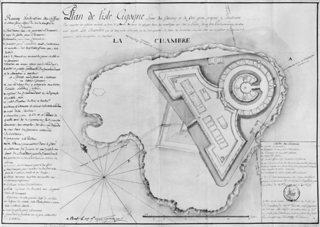 Detail of Plan of the Ile Cigogne and the project of a fort, Archipel des Glenan, 1745 by French School