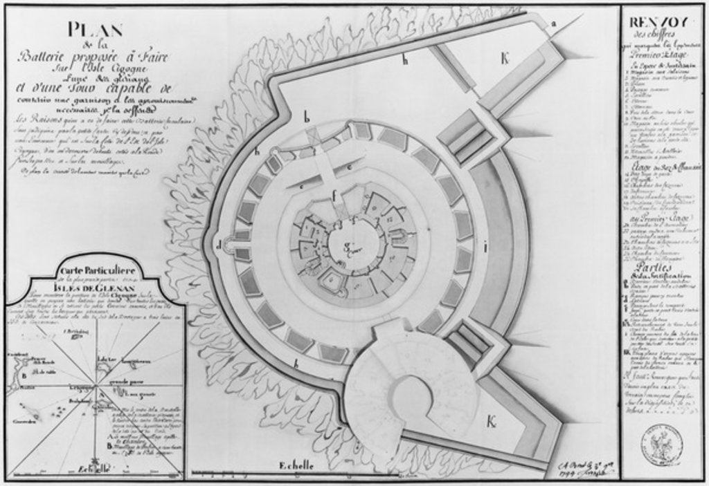 Detail of Plan of the project of a battery on the Ile Cigogne and map pf the Glenan Isles, 1745 by French School