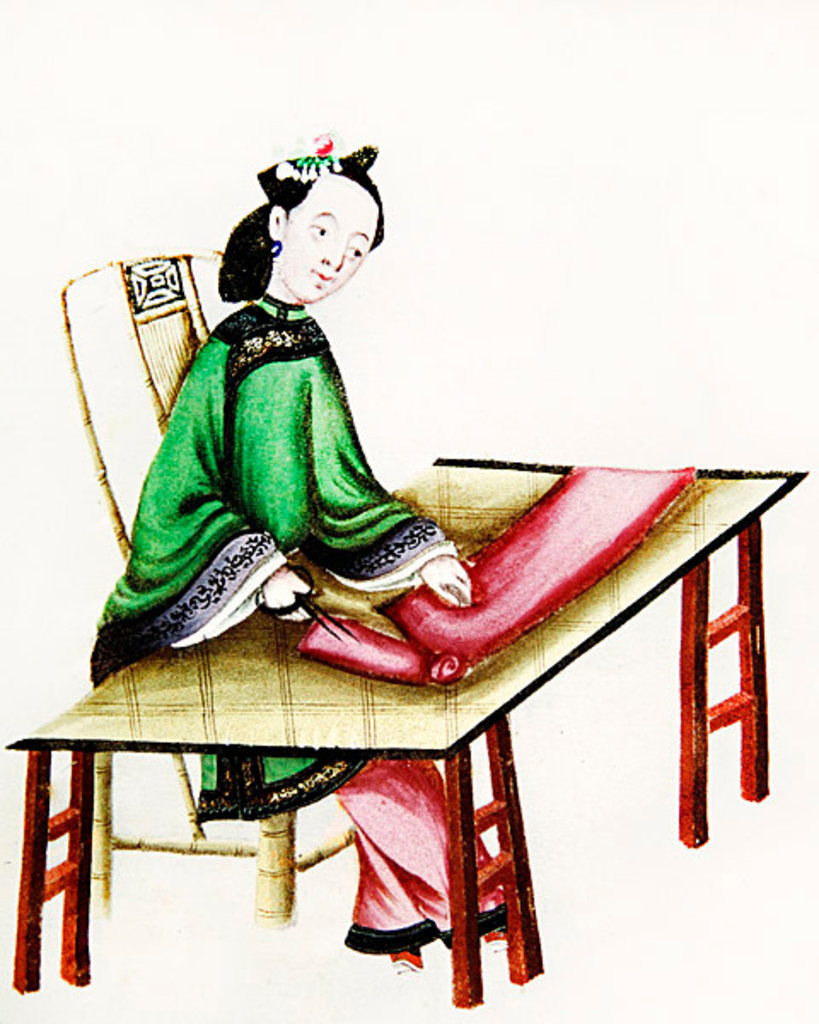Detail of A Chinese Woman cutting cloth, Qianlong Period by School Chinese