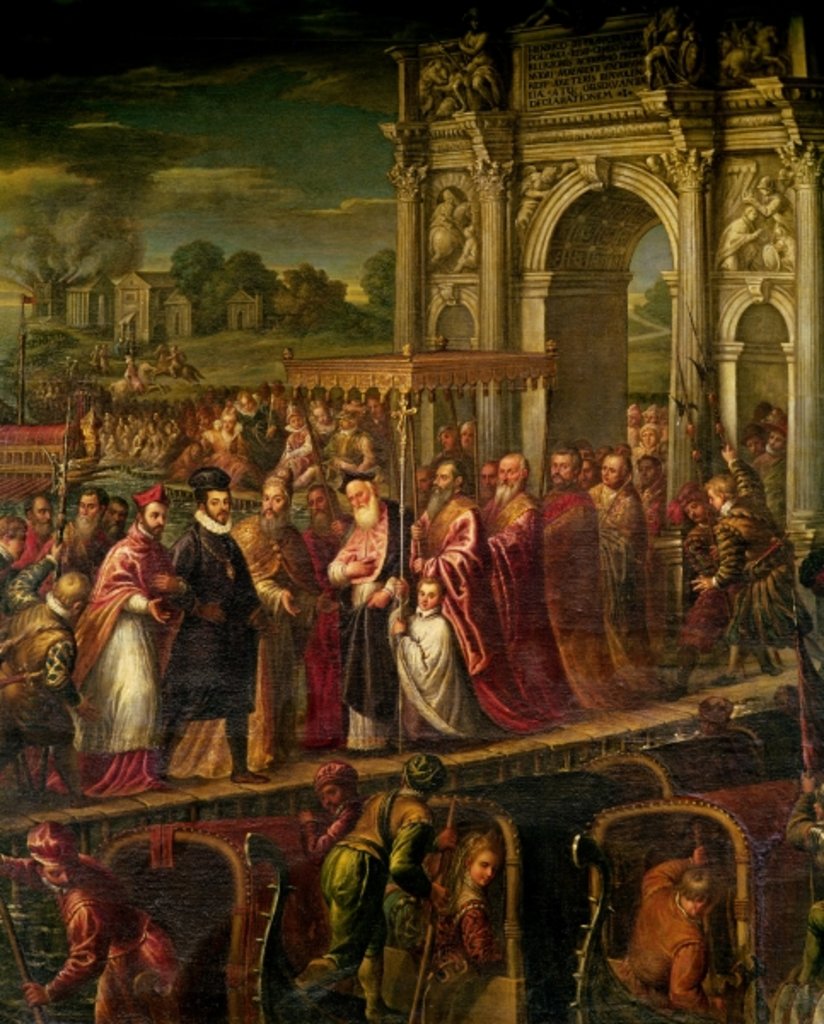 Detail of King Henri III of France visiting Venice in 1574, escorted by Doge Alvise Mocenigo and met by the Patriarch Giovanni Trevisan by Andrea Vicentino