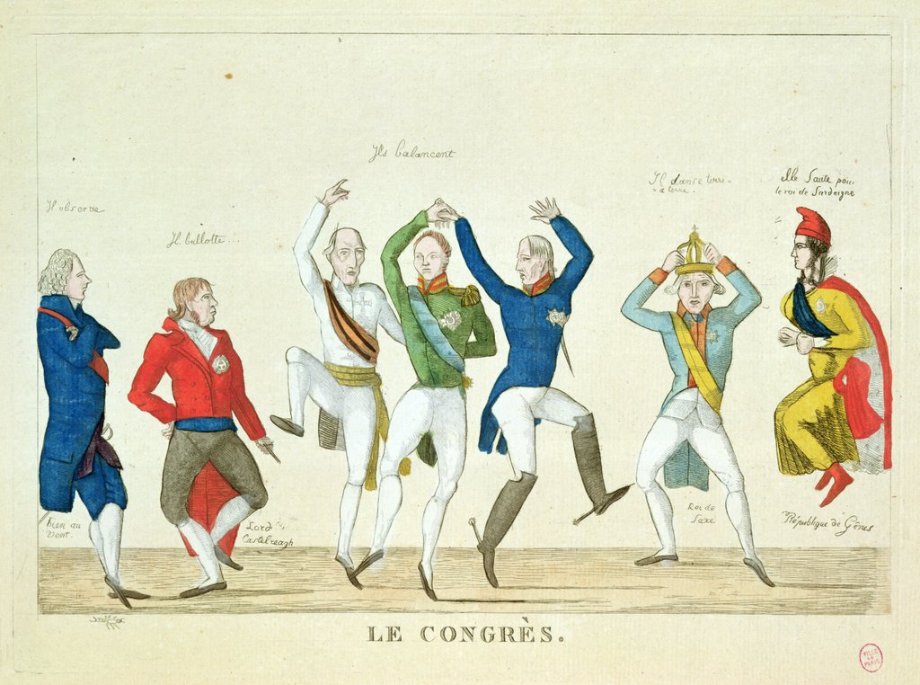 Detail of Satirical cartoon depicting the key protagonists in a dance at the Congress of Vienna in 1815 by French School