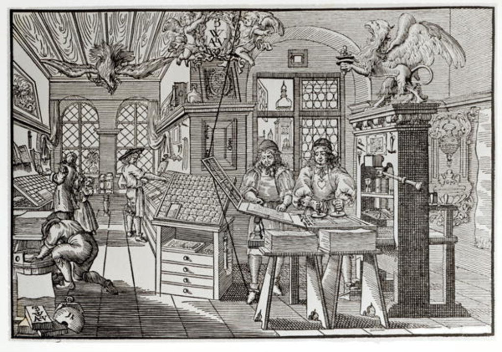 Detail of Interior of a printing works in Nuremberg, 17th century by School German