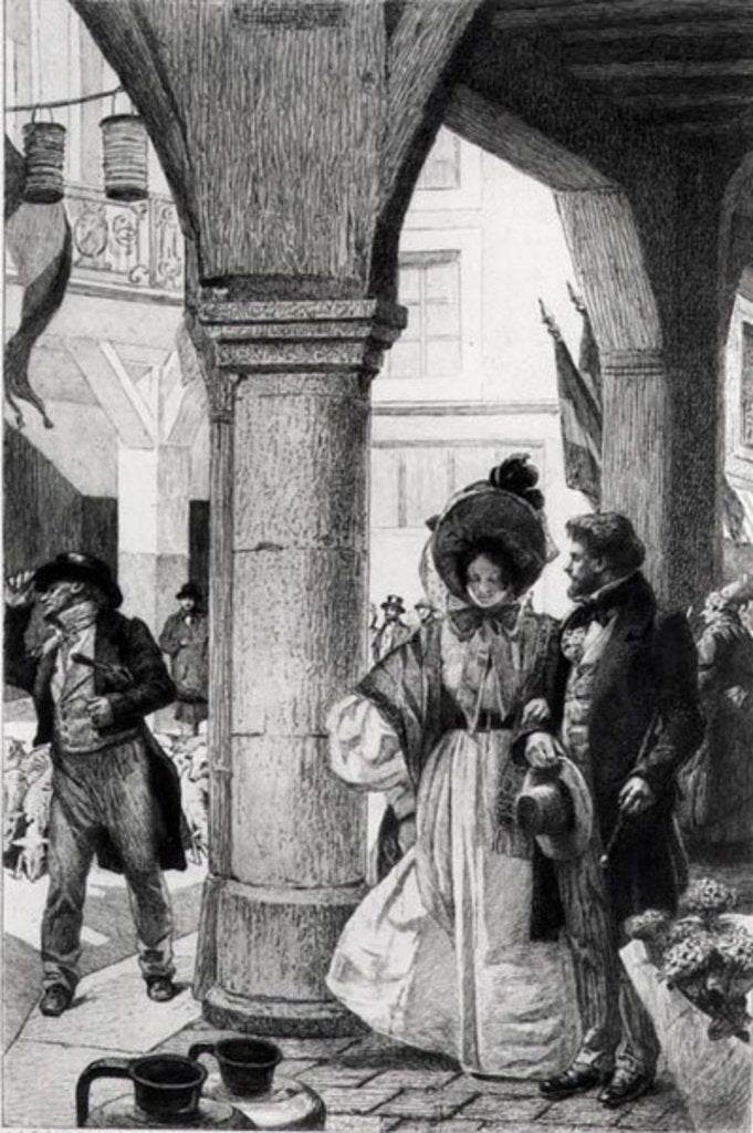 Detail of Emma Bovary walking with a companion from 'Madame Bovary' by Gustave Flaubert by Alfred Paul Marie (after) Richemont