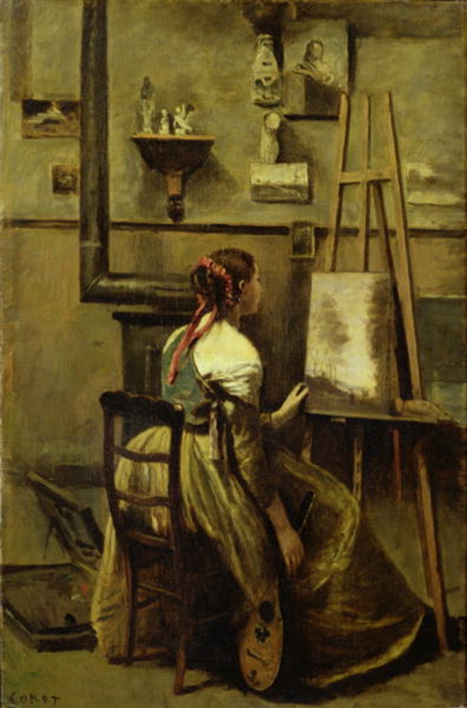 Detail of The Studio of Corot, or Young woman seated before an Easel, 1868-70 by Jean Baptiste Camille Corot